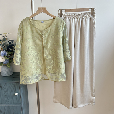 妈妈夏装短袖新中式T恤套装