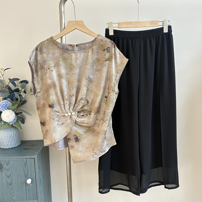 妈妈夏装短袖冰丝小衫套装