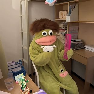 大嘴怪睡袍冬加厚毛绒保暖衣大大怪睡衣长款情侣家居服抽象连体衣