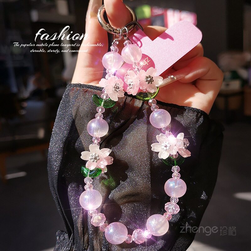 粉花手机链串珠挂件女士手腕绳短款ins超好看小众精致高级感饰品
