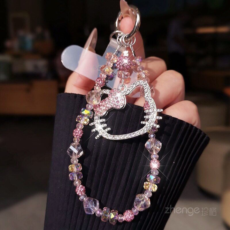 可爱水钻猫咪水晶手机链挂件ins时尚女士精致高级感串珠饰品户外