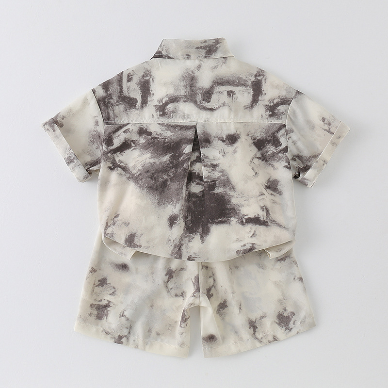三折品牌特价清仓水墨晕染国风套装夏季衬衫短袖短裤三件套装服饰