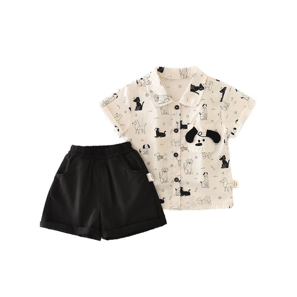 三折品牌特价清仓夏季婴幼儿宝宝翻领短袖两件套满印小狗衬衫套装
