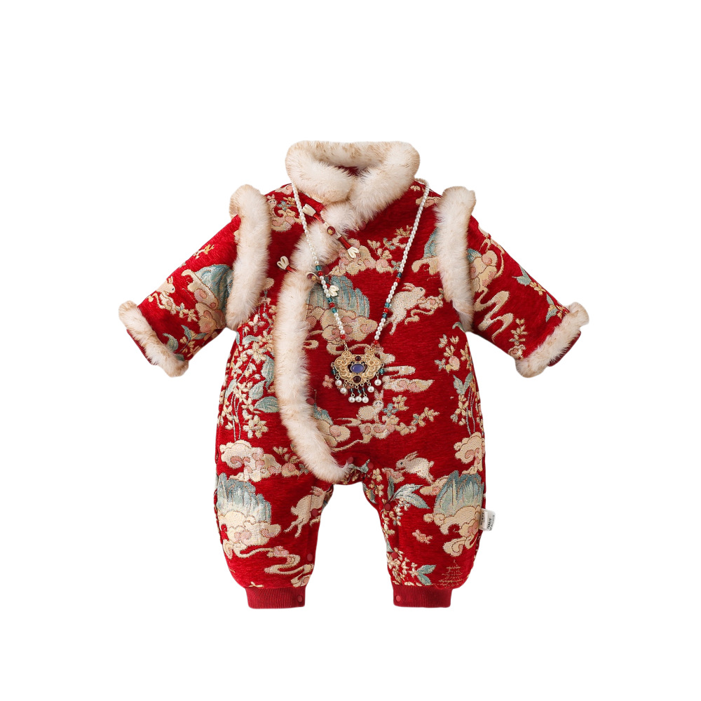 三折品牌清仓婴幼儿秋冬季中国风连体衣加绒保暖满月百天哈衣爬服