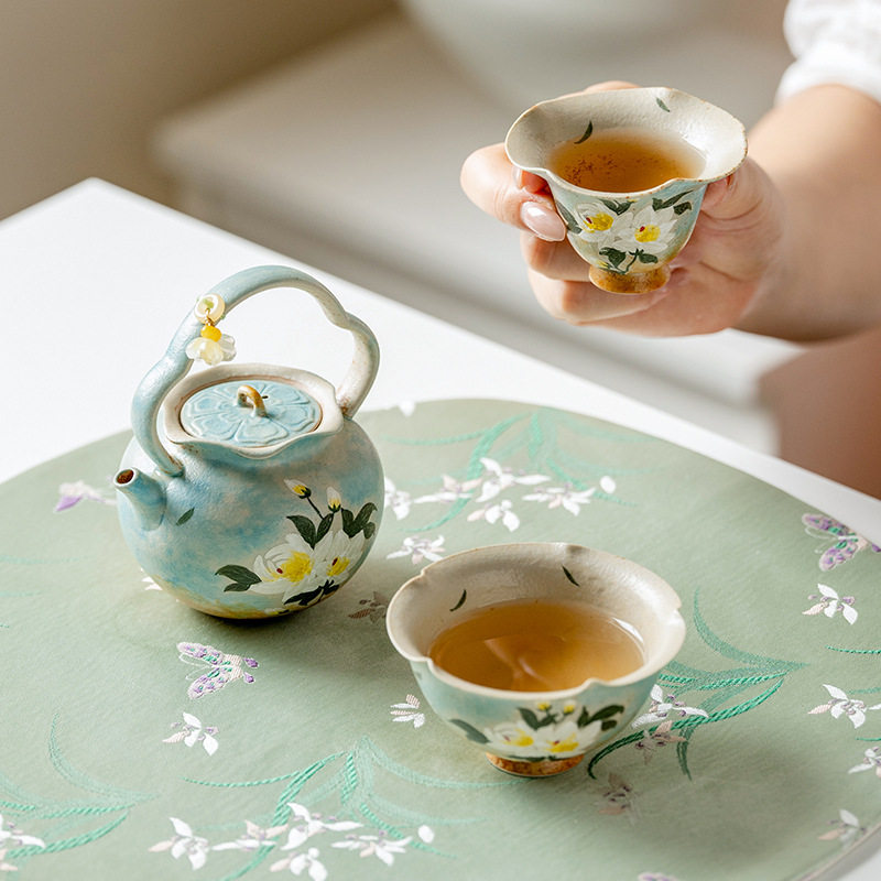 新款栀子花家用泡茶器手绘提梁壶三件套礼盒装对杯送礼茶具套装