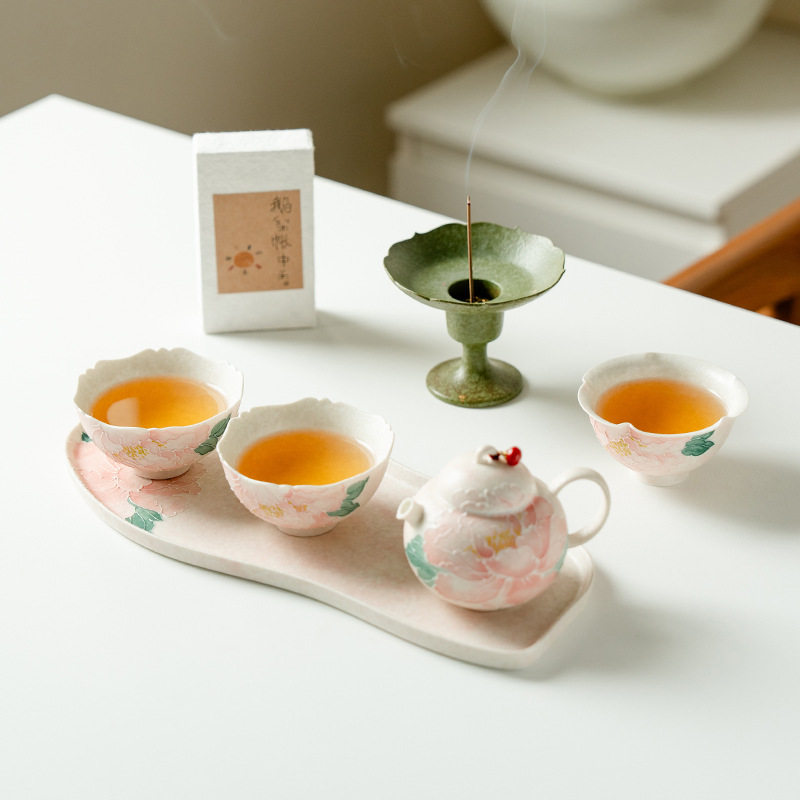 高颜值浅粉春笺牡丹圆肚茶壶七件套礼盒装陶瓷精致伴手礼茶具套装