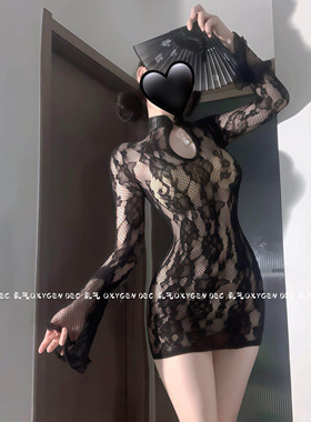 DEC燃情秘语 性感透视旗袍制服套装女款夏纯欲蕾丝镂空女连衣裙
