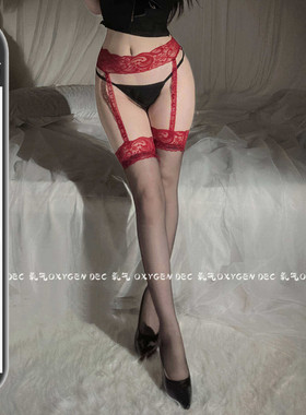 DEC御姐的灵魂 性感蕾丝花边吊带袜开裆情调诱惑黑色过膝长筒袜