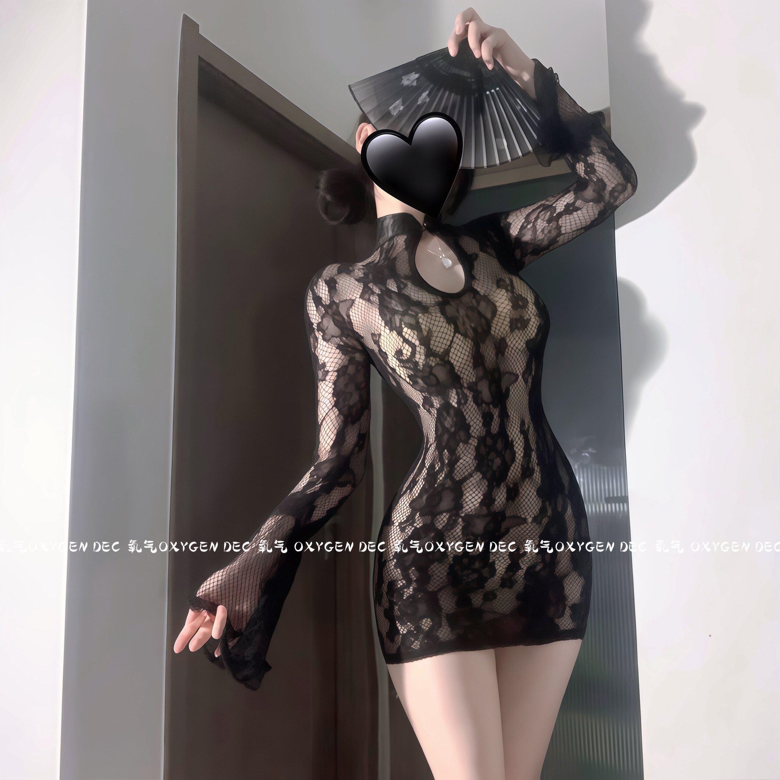 DEC燃情秘语 性感透视旗袍制服套装女款夏纯欲蕾丝镂空女连衣裙