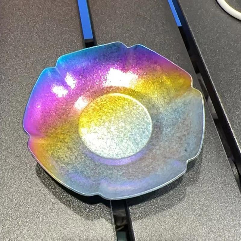 纯钛冰花炫彩六瓣梅花底托盖碗茶底托