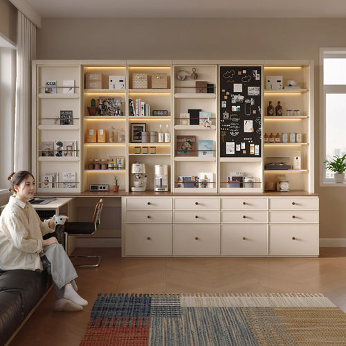 实木书桌书柜一体靠墙收纳客厅组合储物柜L型旋转折叠学习电脑桌