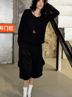 nomnonnomme慵懒竹节棉小口袋V领毛边休闲百搭长袖T