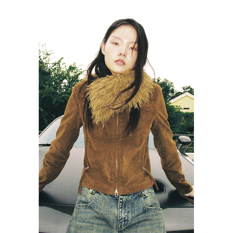 nomnonnomme麂皮多口袋设计修身短款夹克外套(毛领围脖需单独购买