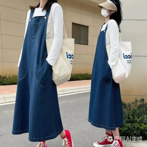 秋冬季大码女显瘦牛仔背带裙套装