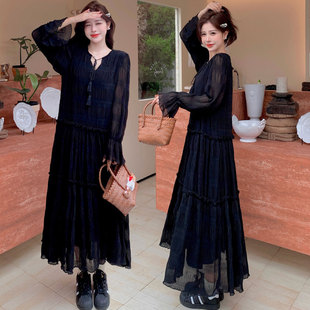 胖mm显瘦遮肚法式 女装 拼接百褶雪纺连衣裙宽松过膝长裙 大码 初秋季