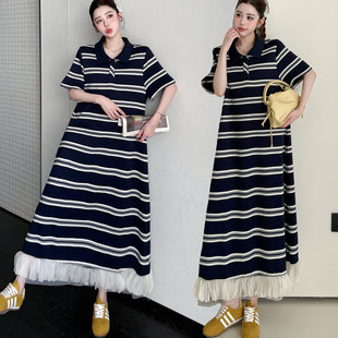 夏季大码女装胖mm显瘦遮肚法式条纹polo领花瓣连衣裙过膝T恤长裙