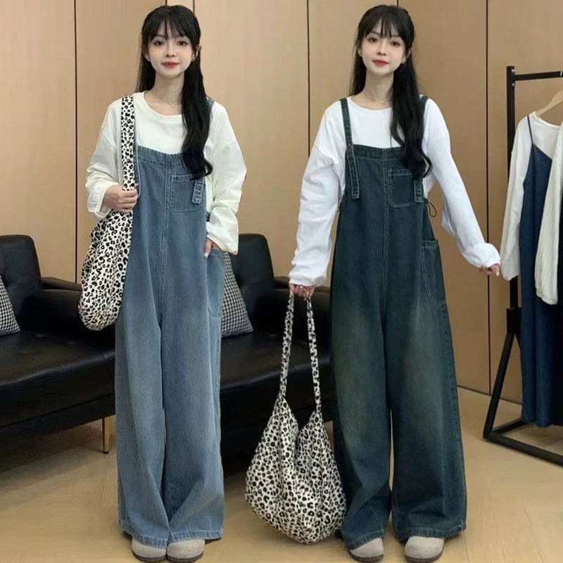 胖mm宽松牛仔背带裤套装