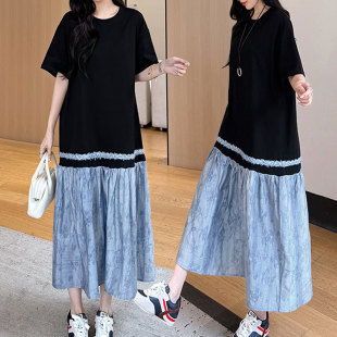 胖mm显瘦遮肚提花撞色拼接连衣裙度假过膝T恤长裙 女装 夏季 加大码