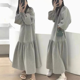 秋季加大码女装胖mm显瘦遮肚法式慵懒卫衣连衣裙大摆鱼尾A字长裙