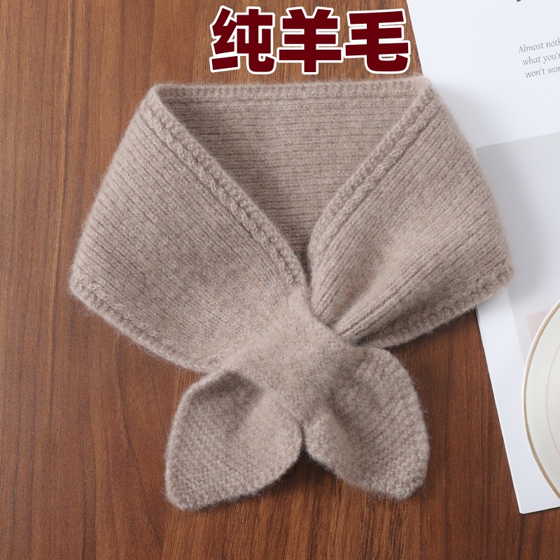 羊绒围巾女秋冬短款纯色百搭韩版穿孔交叉针织加厚保暖羊毛小围脖