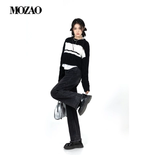 梨形身材阔腿裤 女2023春季 子 「MOZAO」黑色高腰直筒牛仔裤 新款