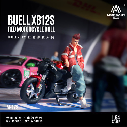 汇艺1:64 BUELL XB12S 红色摩托人偶套装 仿真树脂模型 摆件造型