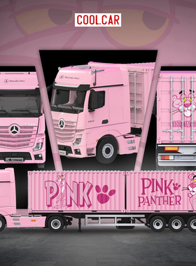 CC1:64 奔驰货柜车 粉红豹 双集装箱可拆卸 仿真合金汽车模型摆件