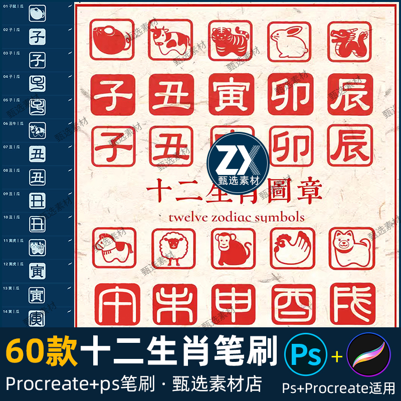 ps笔刷procreate笔刷十二生肖新年红色春节吉祥落款装饰素材