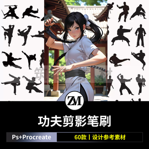 ps笔刷procreate笔刷功夫动作剪影跆拳道空手道武术运动武打太极