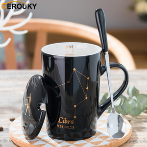 个性简约真金十二星座陶瓷马克杯带盖带勺创意咖啡杯情侣水杯茶杯