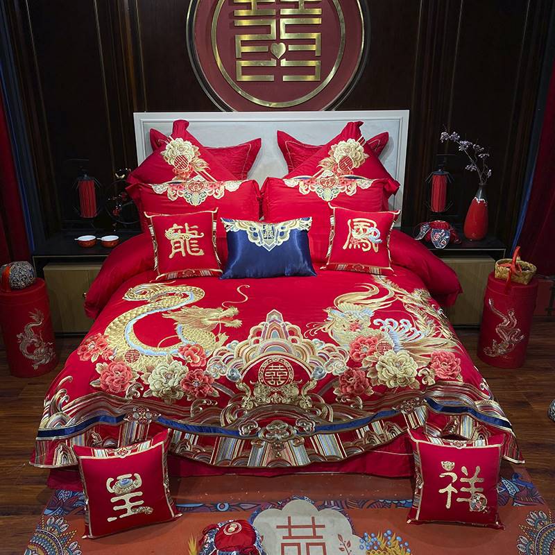 九喜狐婚庆家纺结婚四件套床上用品红色喜被婚房布置龙凤呈祥