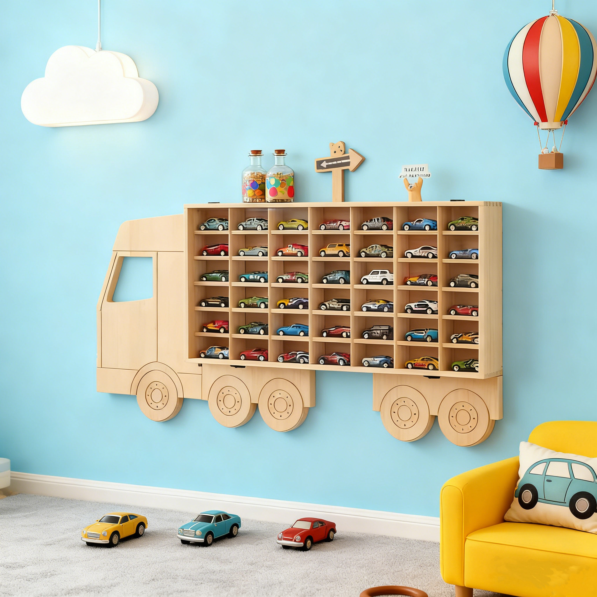 实木多美卡儿童小汽车玩具收纳格墙上置物架多层防尘盲盒展示架