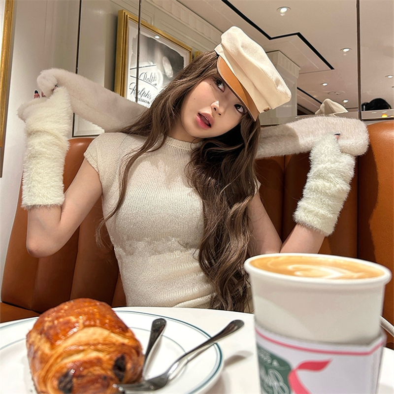 樊樊「天菜女友」100绵羊毛自带手套毛织短袖秋冬内搭针织衫