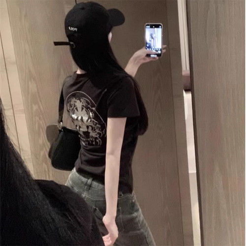 十字架梵文重工烫钻短袖T恤女夏