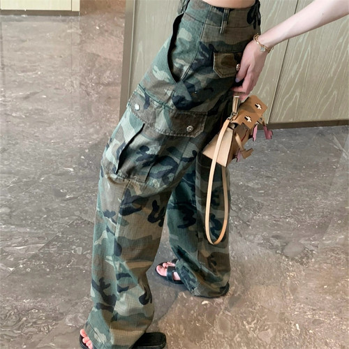 马蹄梵文军绿色迷彩长裤女夏季新款高腰显瘦大口袋工装裤休闲裤潮