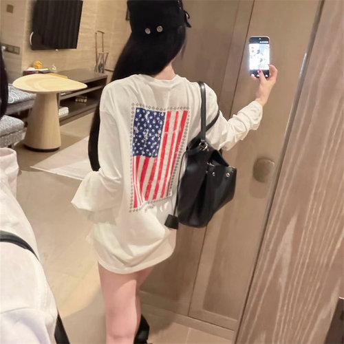 马蹄梵文裂纹印花薄款长袖T恤女夏季小众美式复古宽松防晒上衣潮