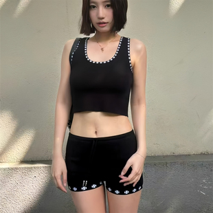纸片人套装女夏季十字架提花露脐短款背心辣妹纯欲抽绳短裤两件套
