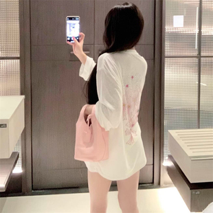 彩色十字架重工烫钻雪花长袖T恤女夏季小众设计感宽松显瘦防晒衫