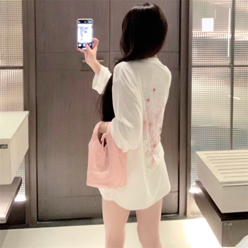 彩色十字架重工烫钻雪花长袖T恤女夏季小众设计感宽松显瘦防晒衫