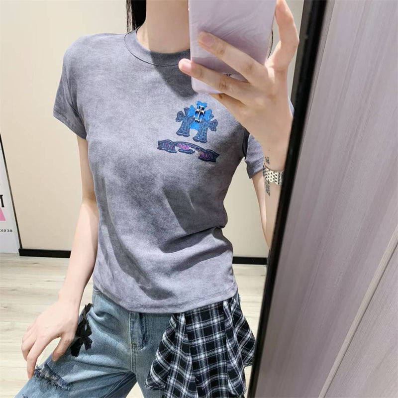 十字架梵文拼皮刺绣短袖T恤女夏季小众纯欲修身显瘦打底衫ins上衣