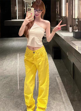 十字架重工皮标黄色牛仔裤女夏季小众设计感高腰显瘦洋气直筒裤
