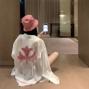 梵文十字架渐变烫钻长袖衬衫女夏季小众闪闪防晒中长款慵懒上衣潮