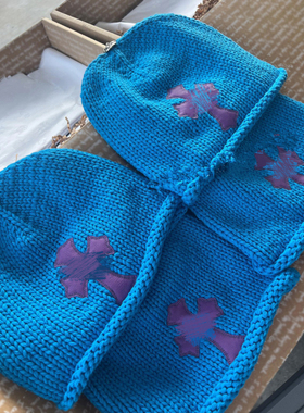 紫蓝色手工编织拼皮十字毛线针织帽女男设计感美式复古显脸小冷帽