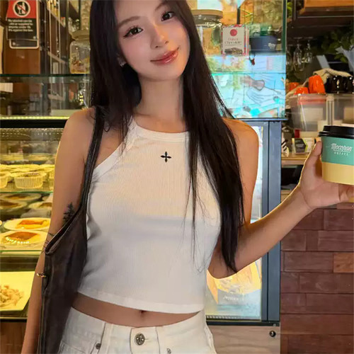 十字花印花挂脖工字背心女夏季小众直角肩弹力修身辣妹无袖上衣潮