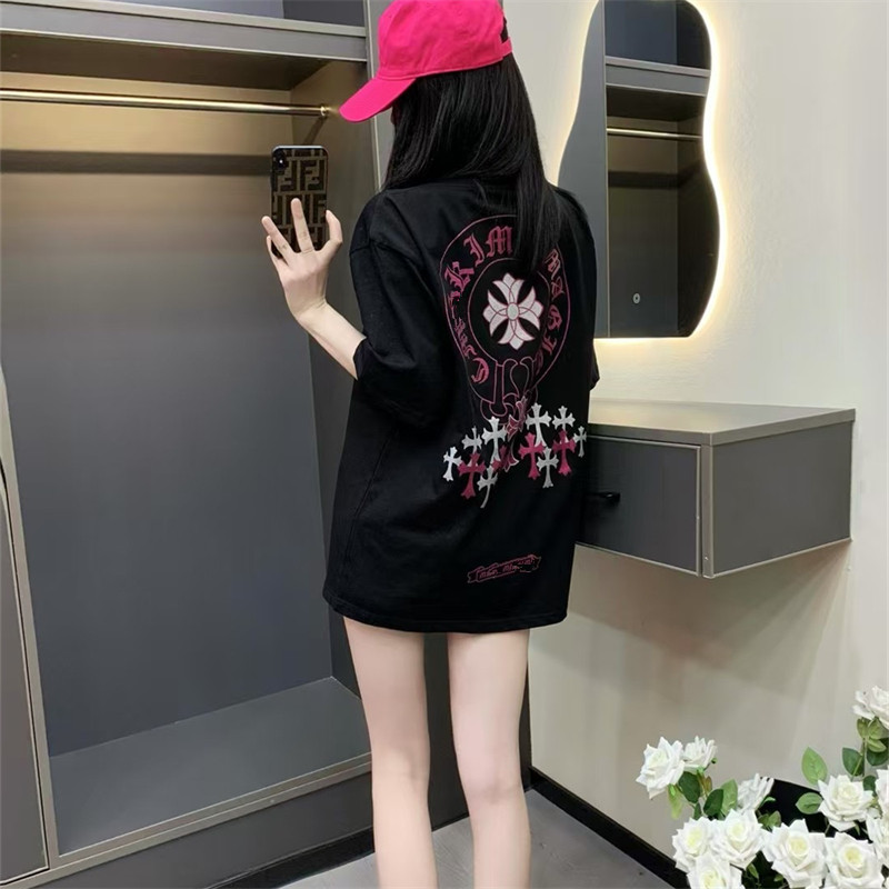 十字架梵文重工烫钻短袖T恤女春夏新款韩版宽松中长款ins情侣上衣
