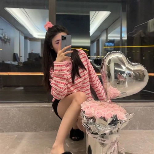 十字架条纹撞色印花长袖T恤女