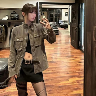 方圆同款小众复古十字架铆钉扣美式做旧水洗立领牛仔夹克外套女潮