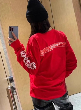 梵文卷轴印花红色长袖T恤女秋季小众设计感宽松中长款慵懒ins上衣