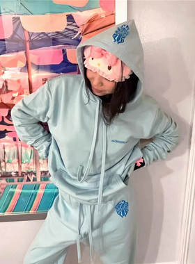 梵文宝剑印花连帽卫衣女秋冬新款薄绒美式复古雾霾蓝洋气上衣长裤