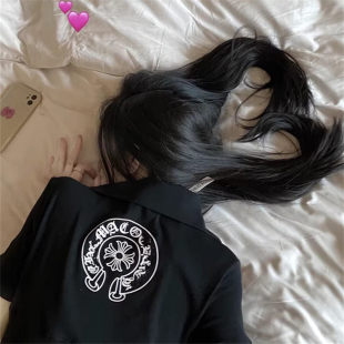 十字架梵文翻领短袖T恤女夏季潮牌设计感拉链修身polo衫弹力上衣